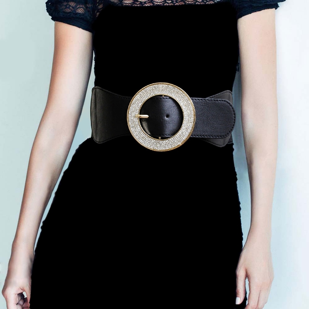 Gold Black Rhinestone Circle Buckle Elastic Belt Stretch Fashion Accessory